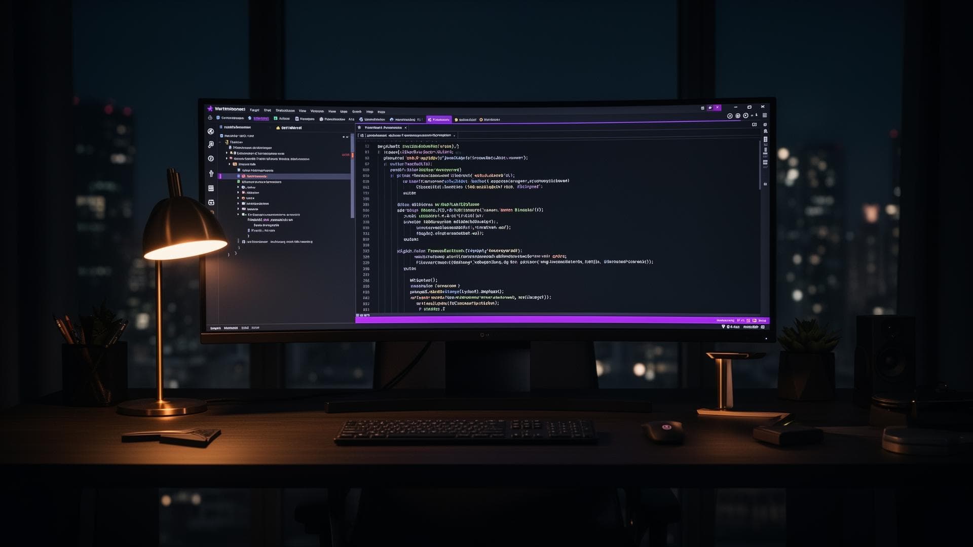 A modern developer workstation at night