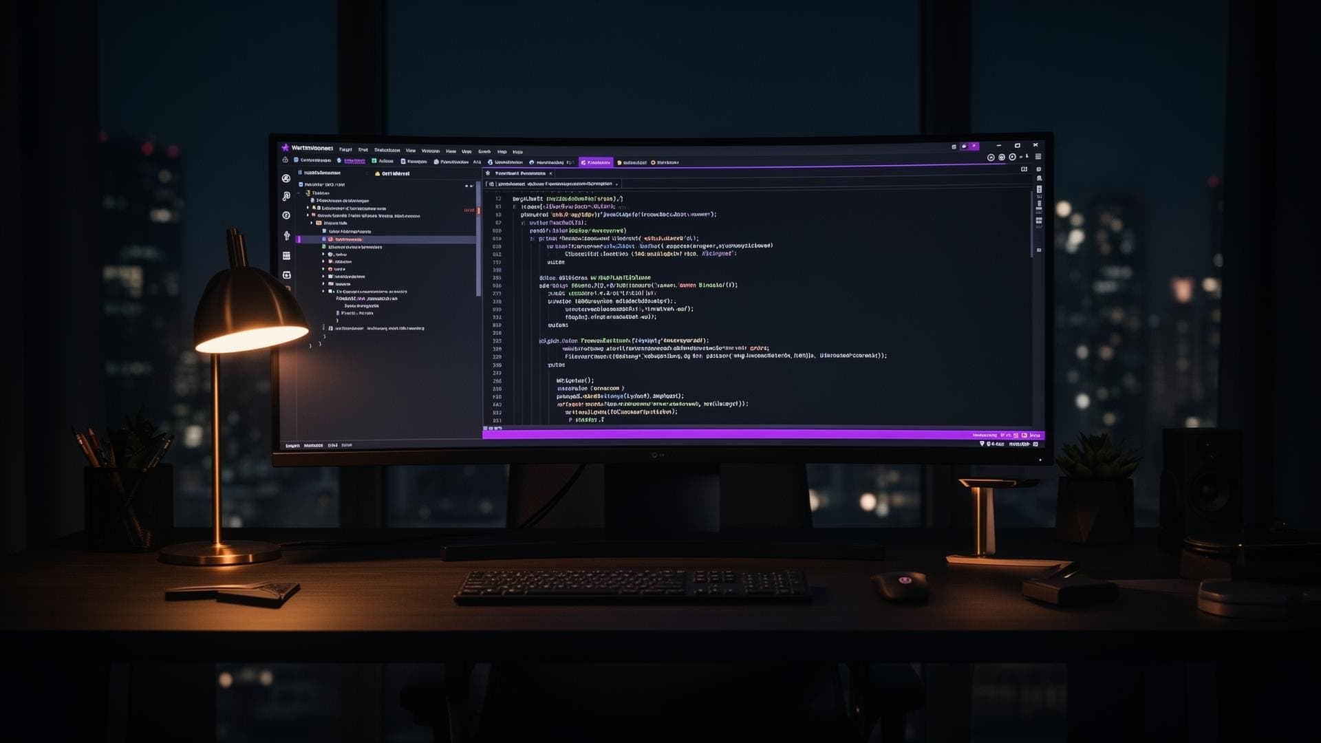 A modern developer workstation at night